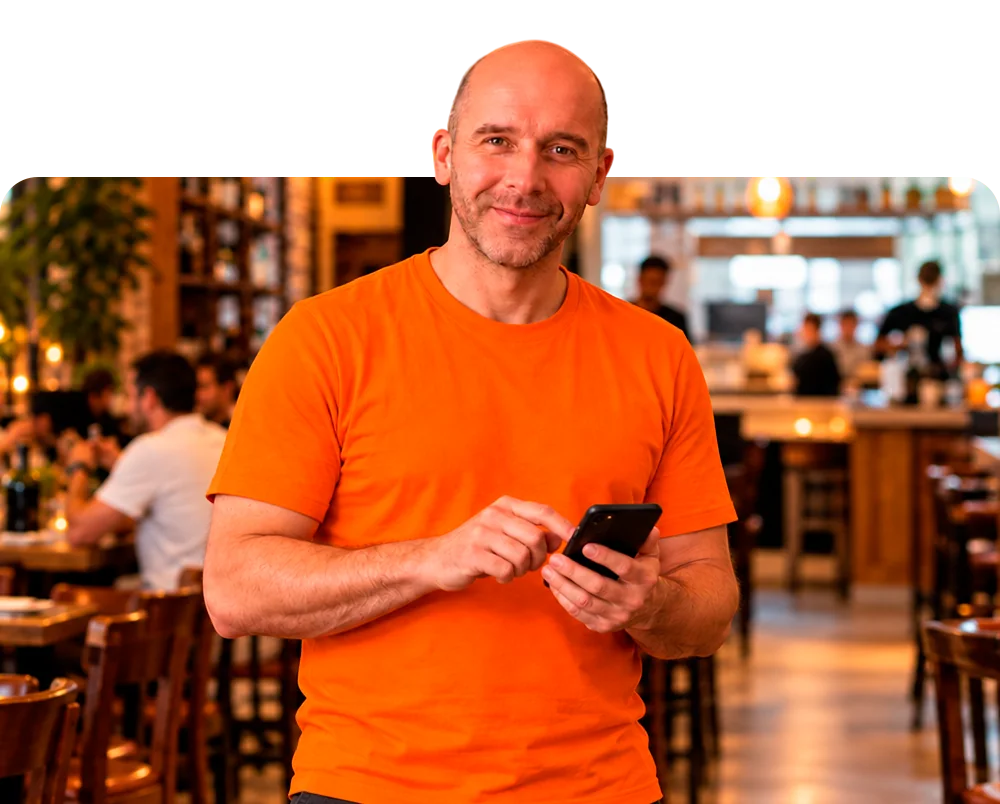 Dono de restaurante sorrindo com o celular na mão, com o salão movimentado ao fundo