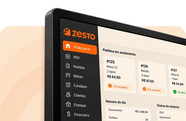 Painel da Zesto com pedidos em andamento e resumo do dia